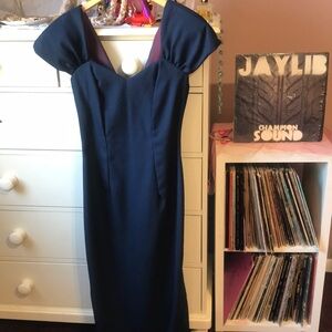 True Vintage 70’s Navy Blue Bow Sheath Dress Gown Maxi Sweetheart USA Union Made